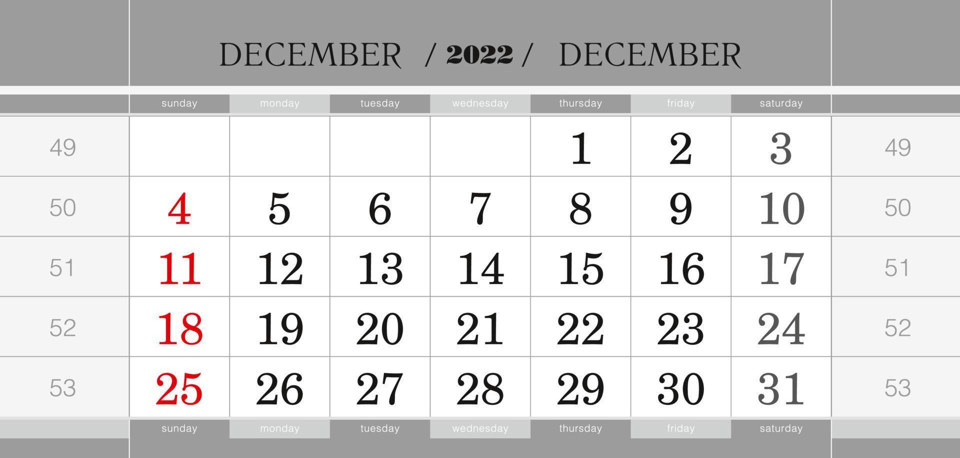 December 2022 quarterly calendar block. Wall calendar in English, week starts from Sunday. vector