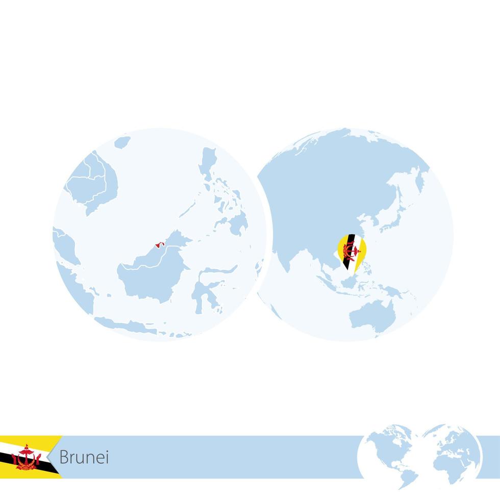 Brunei on world globe with flag and regional map of Brunei. vector