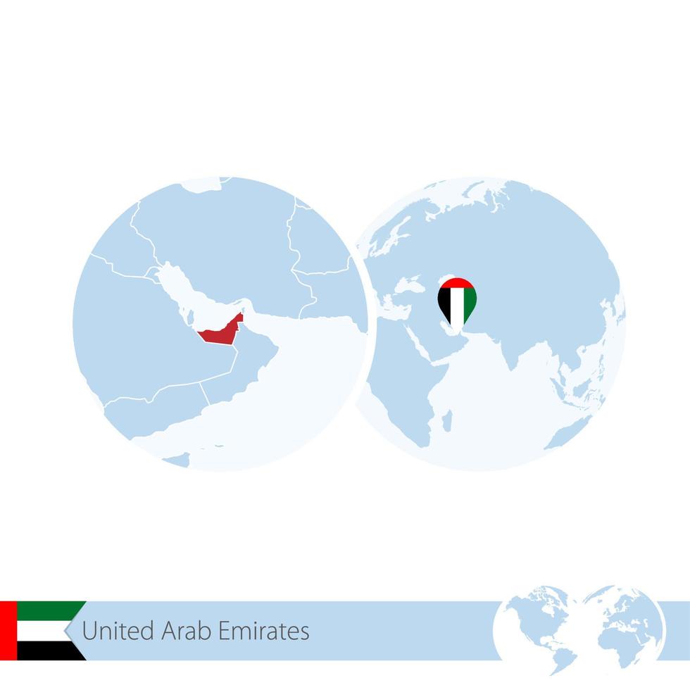 emiratos árabes unidos en el globo terráqueo con bandera y mapa regional de los emiratos árabes unidos. vector