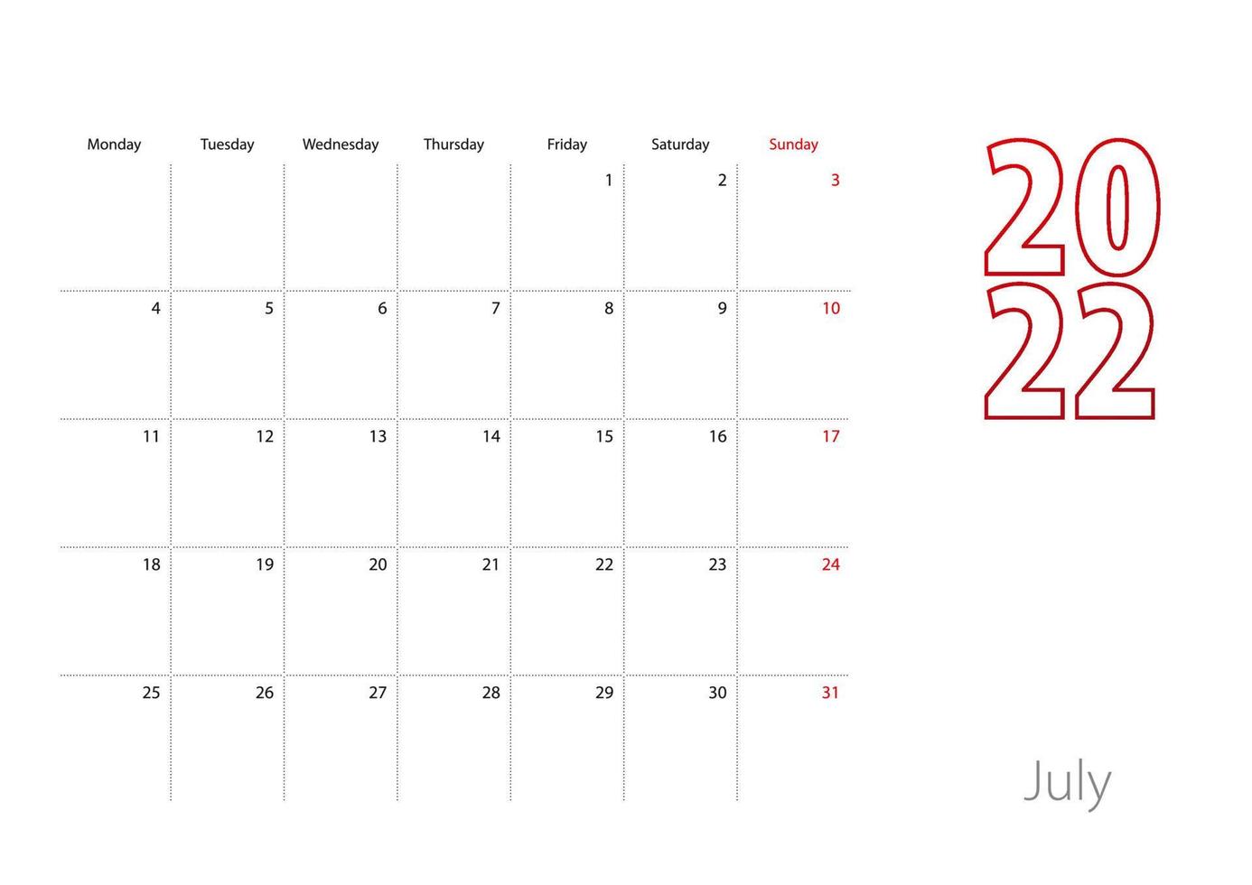 Calendar for July 2022 in modern design, planner template. vector