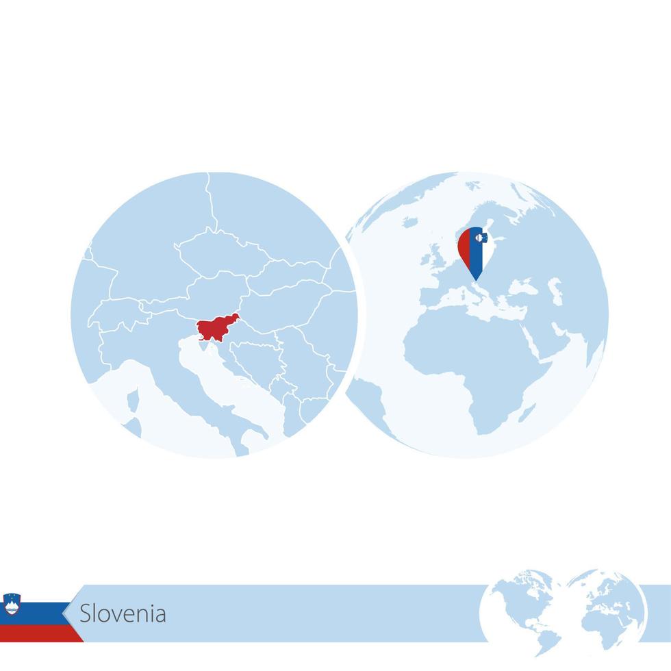 Slovenia on world globe with flag and regional map of Slovenia. vector