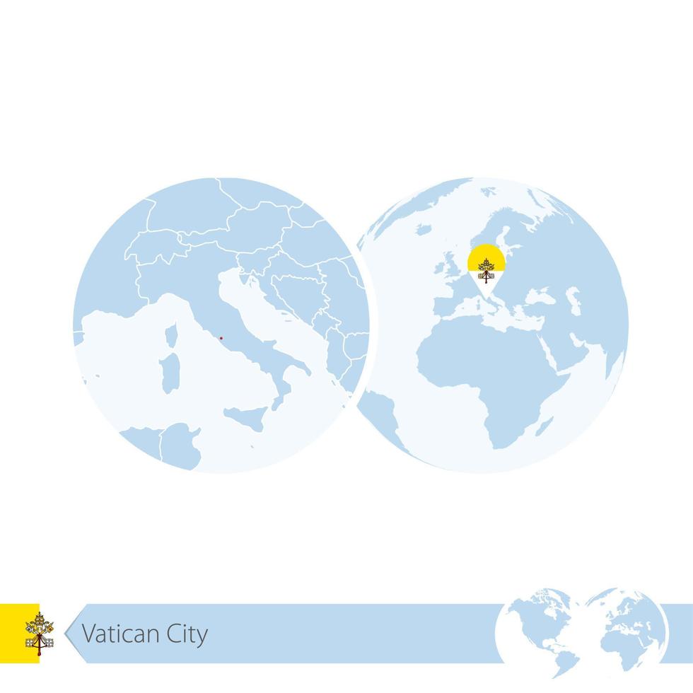 ciudad del vaticano en el globo terráqueo con bandera y mapa regional de la ciudad del vaticano. vector