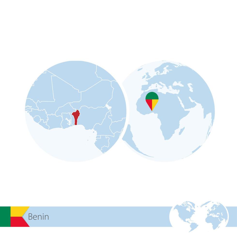 Benin on world globe with flag and regional map of Benin. vector