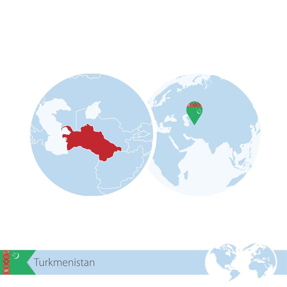 Turkmenistan on world globe with flag and regional map of Turkmenistan. vector