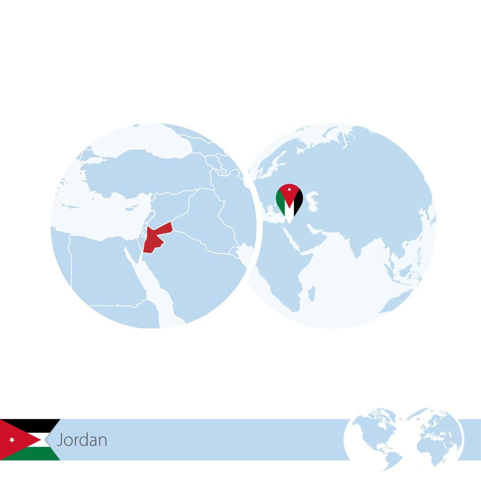 Jordania en globo terráqueo con bandera y mapa regional de Jordania. vector