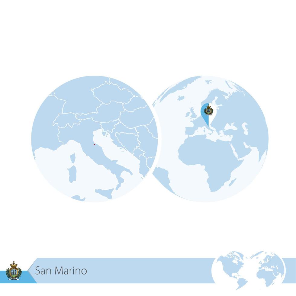 san marino en globo terráqueo con bandera y mapa regional de san marino. vector