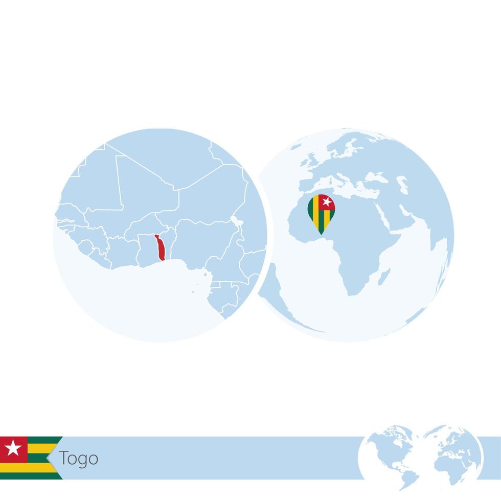 togo en globo terráqueo con bandera y mapa regional de togo. vector