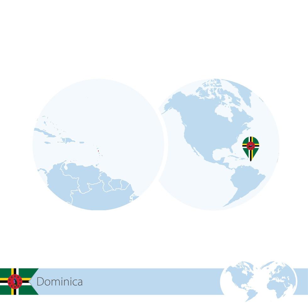 Dominica on world globe with flag and regional map of Dominica. vector