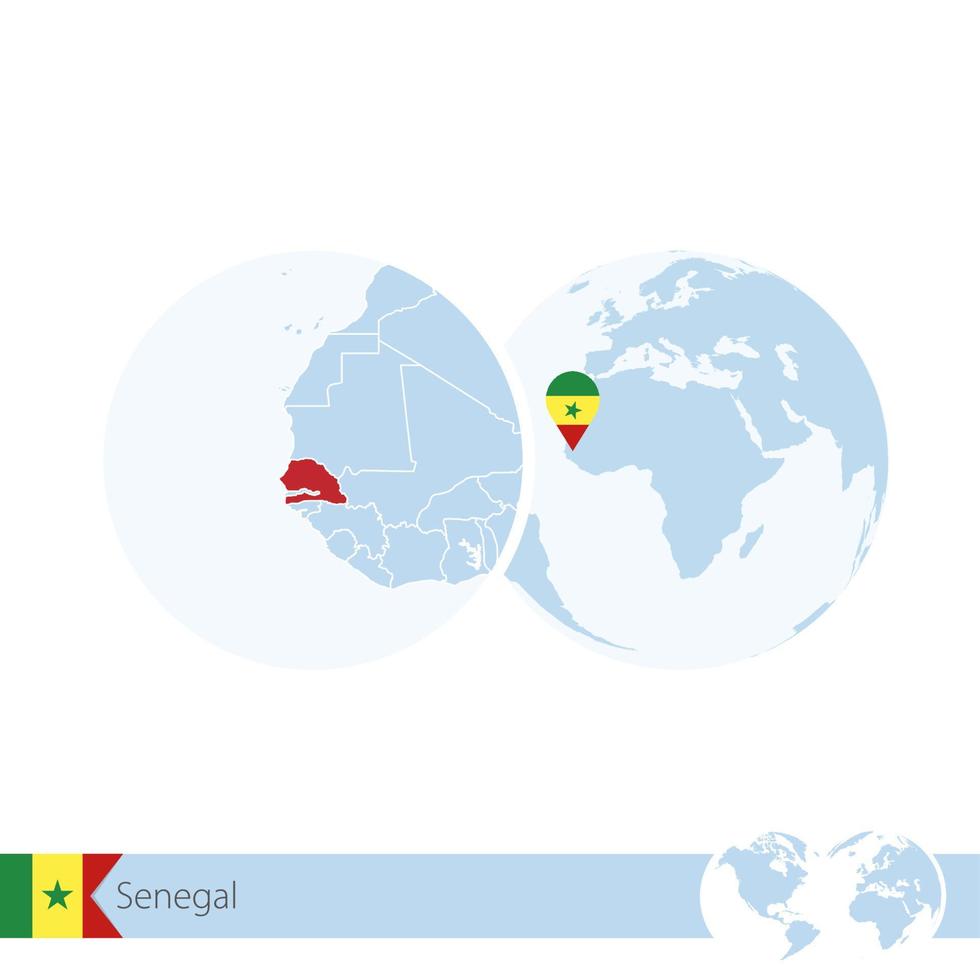 Senegal on world globe with flag and regional map of Senegal. vector