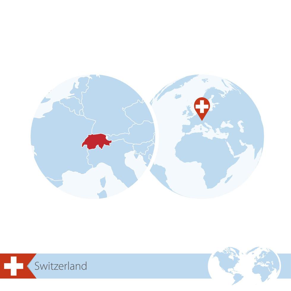 Switzerland on world globe with flag and regional map of Switzerland. vector