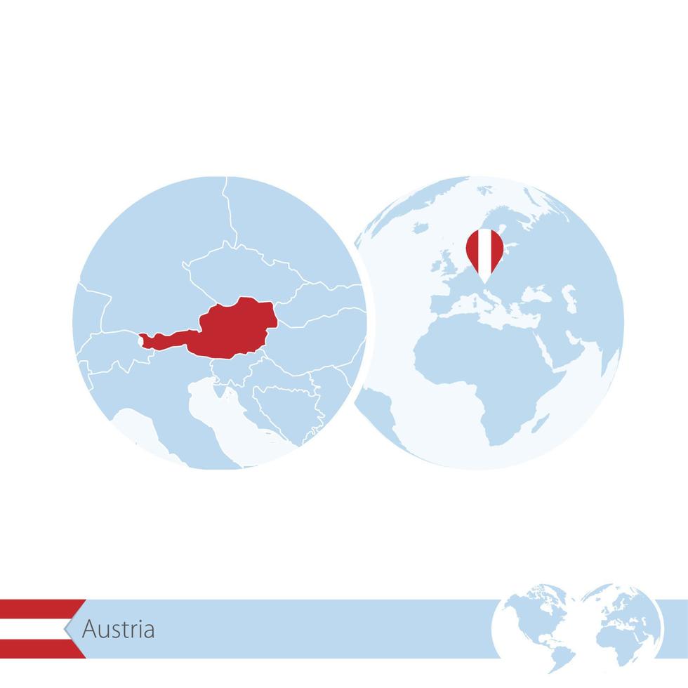 austria en el globo terráqueo con bandera y mapa regional de austria. vector