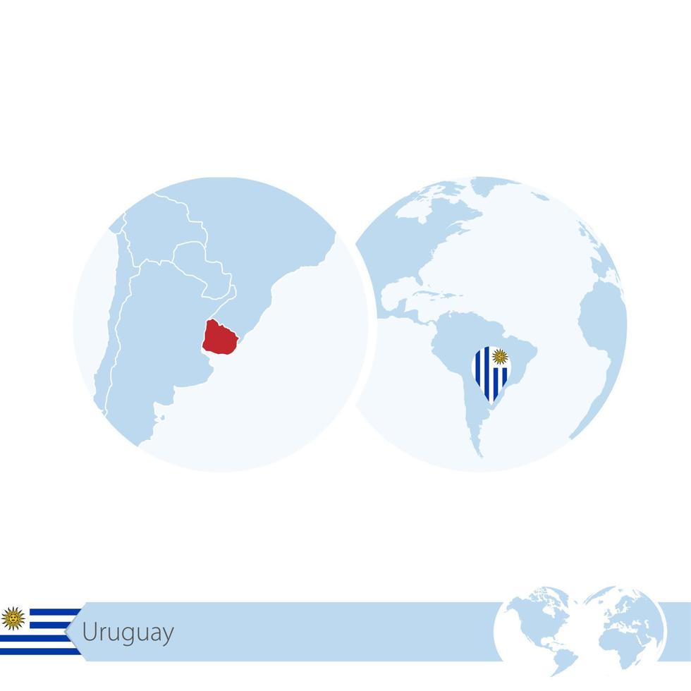Uruguay on world globe with flag and regional map of Uruguay. vector
