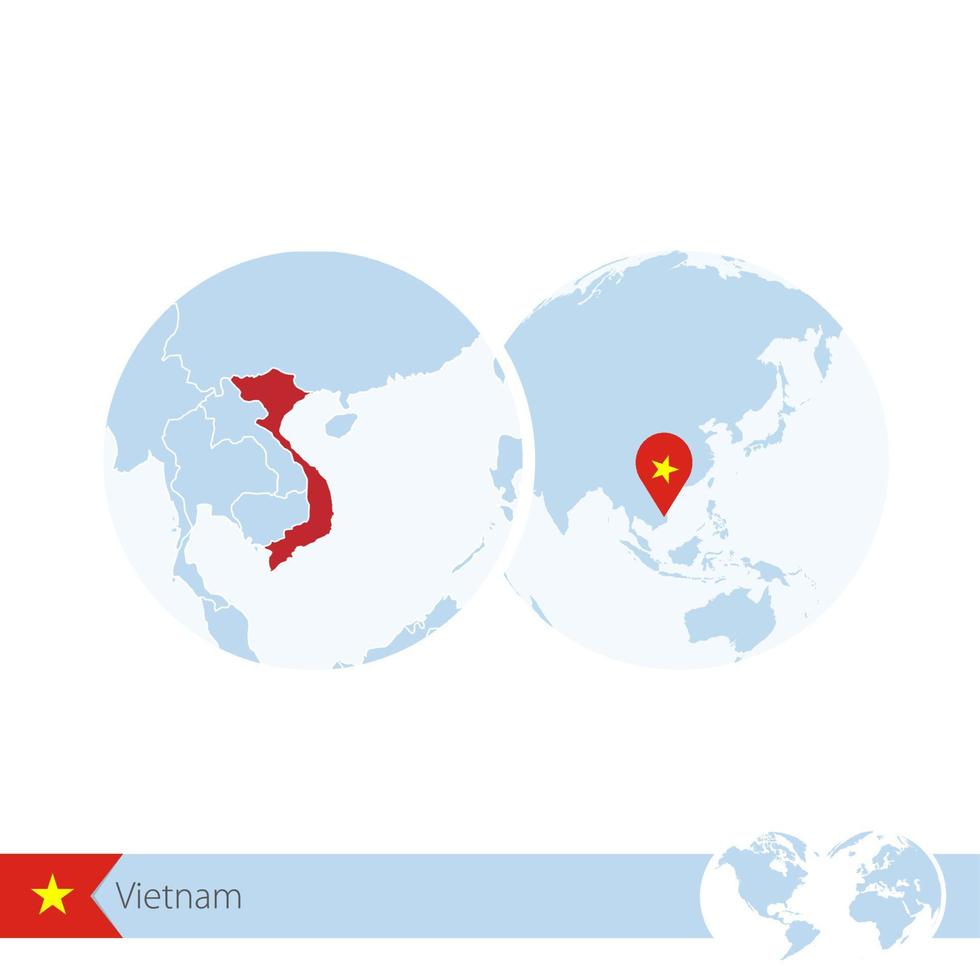 vietnam en globo terráqueo con bandera y mapa regional de vietnam. vector