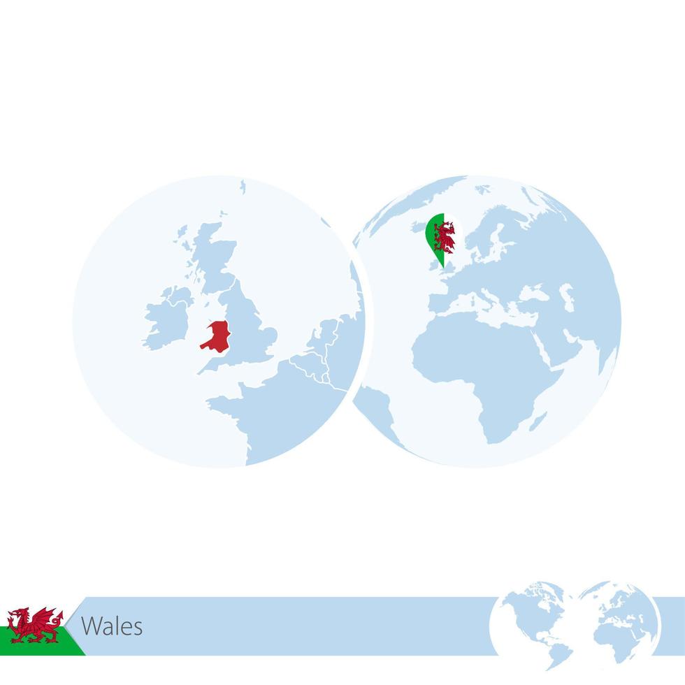 Wales on world globe with flag and regional map of Wales. vector