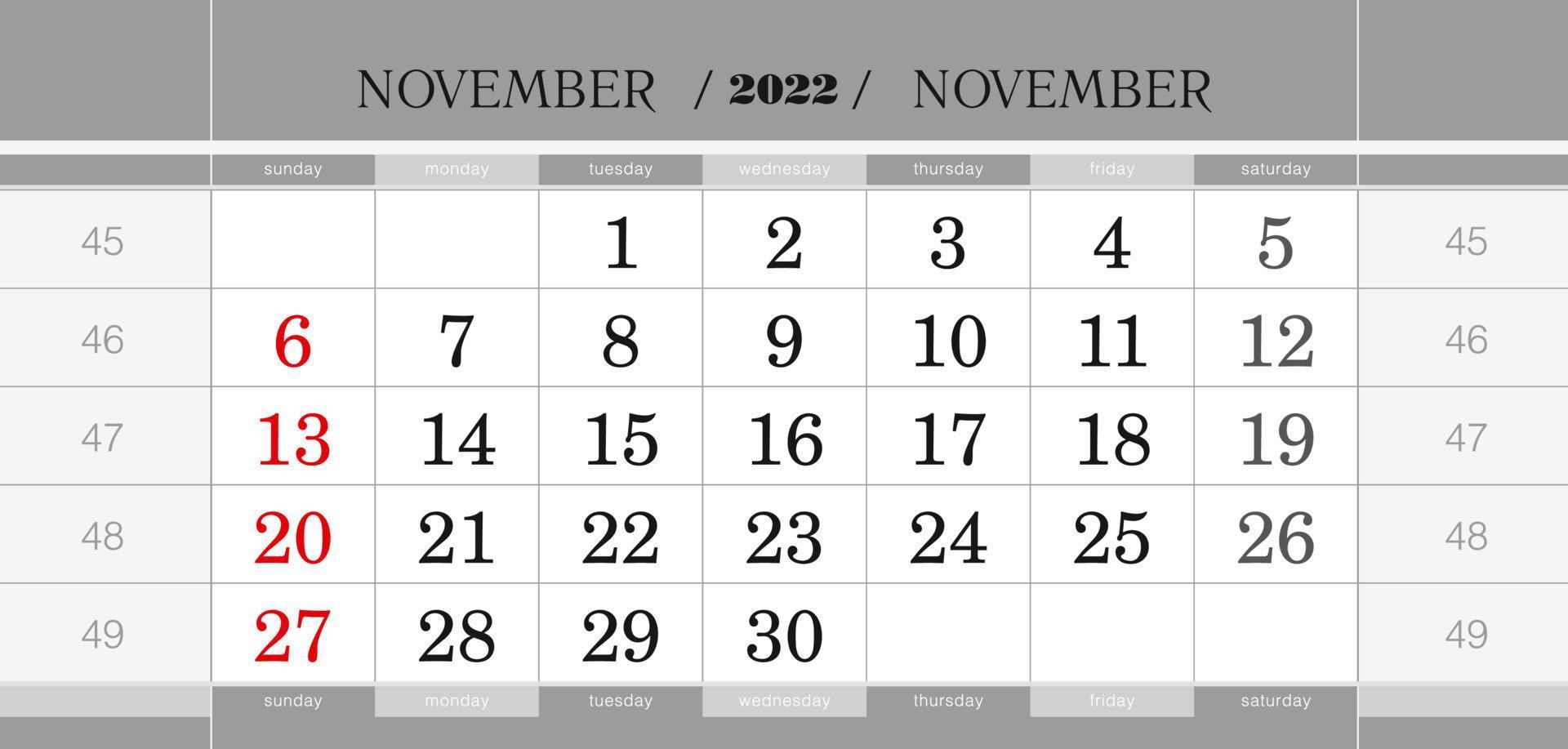 November 2022 quarterly calendar block. Wall calendar in English, week starts from Sunday. vector