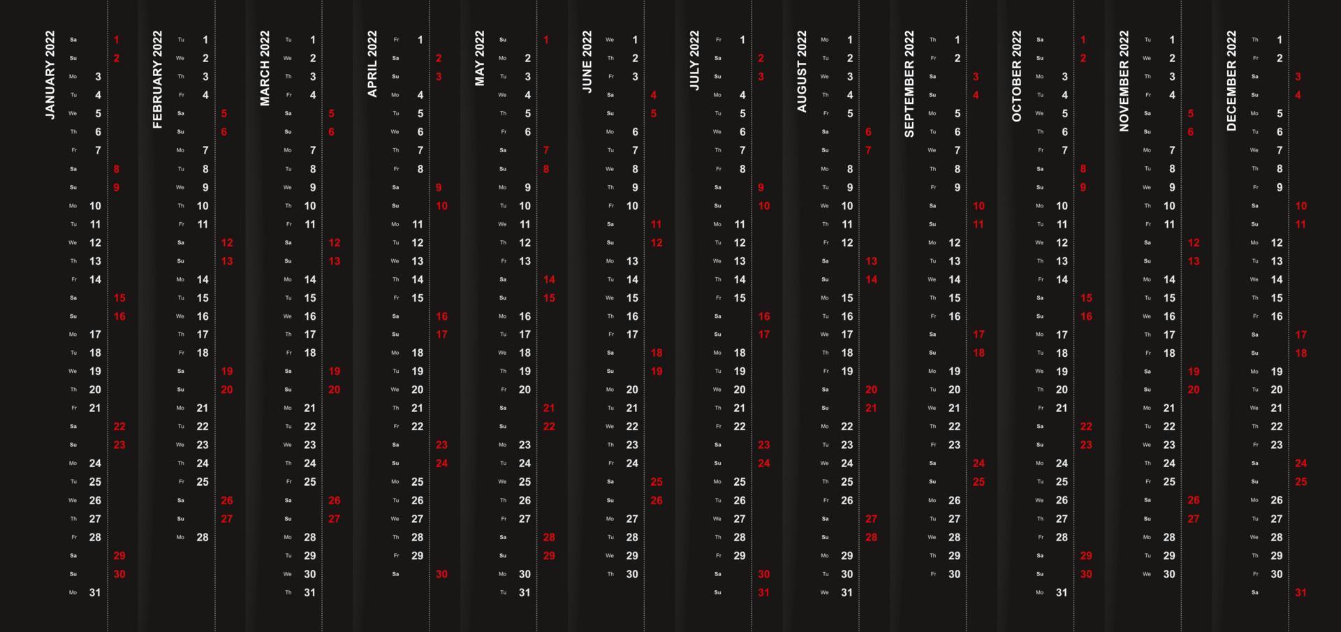 Vertical calendar 2022 on black background, Saturday and Sunday selected in different row. vector