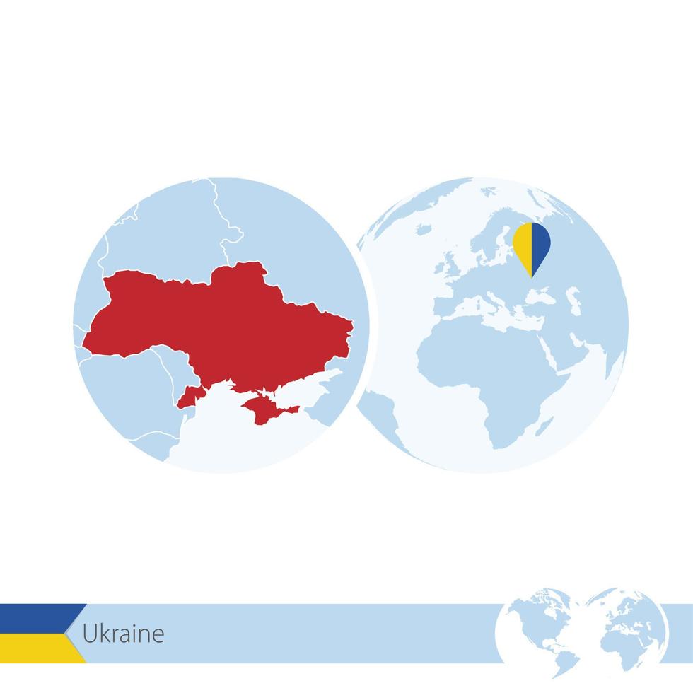 Ukraine on world globe with flag and regional map of Ukraine. vector
