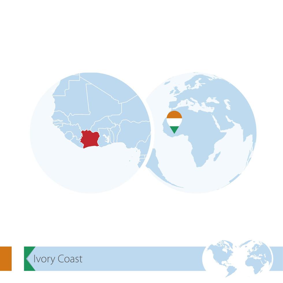 Ivory Coast on world globe with flag and regional map of Ivory Coast. vector