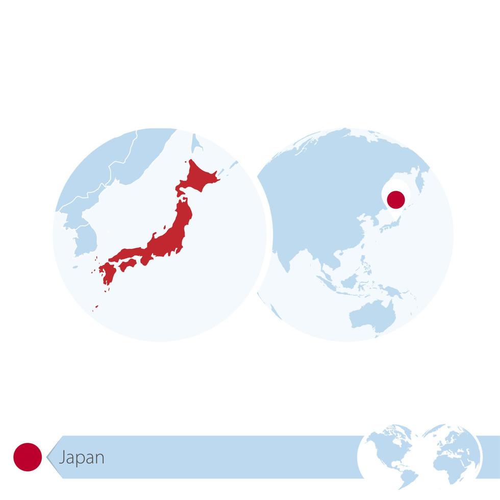 japón en el globo terráqueo con bandera y mapa regional de japón. vector