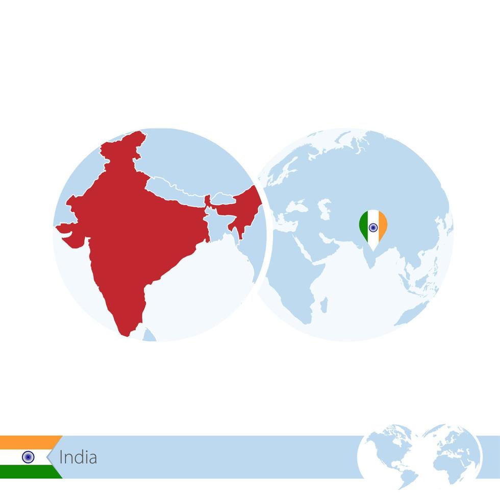 India on world globe with flag and regional map of India. vector