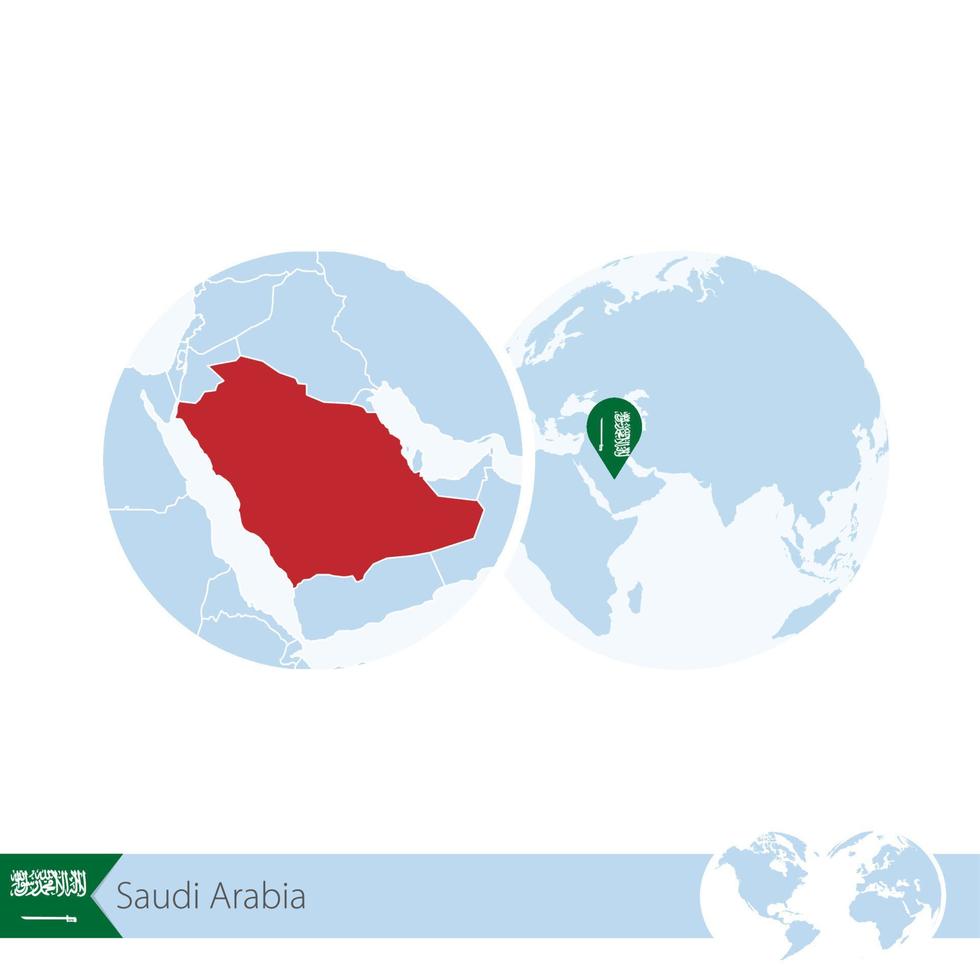 arabia saudita en el globo terráqueo con bandera y mapa regional de arabia saudita. vector