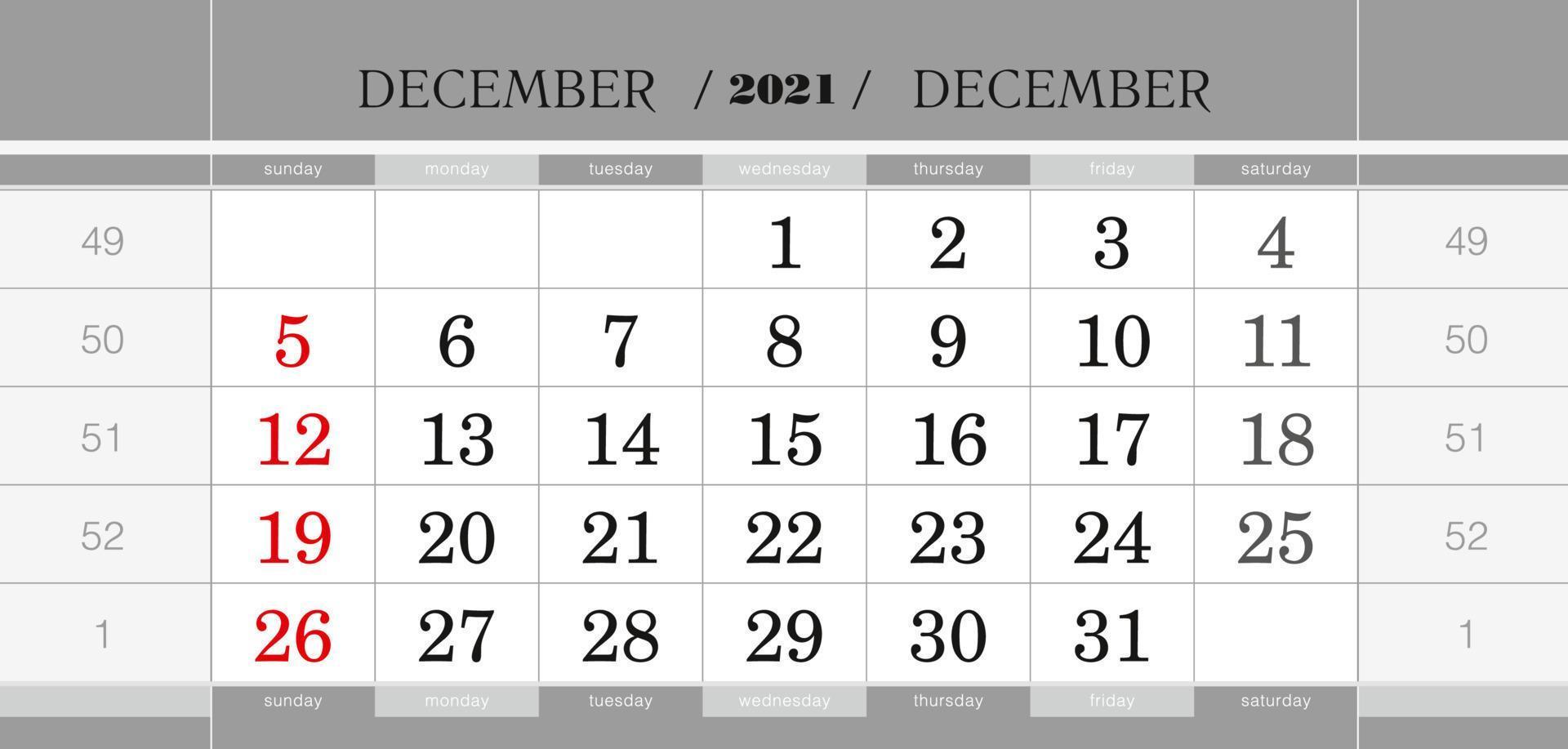 December 2021 quarterly calendar block. Wall calendar in English, week starts from Sunday. vector