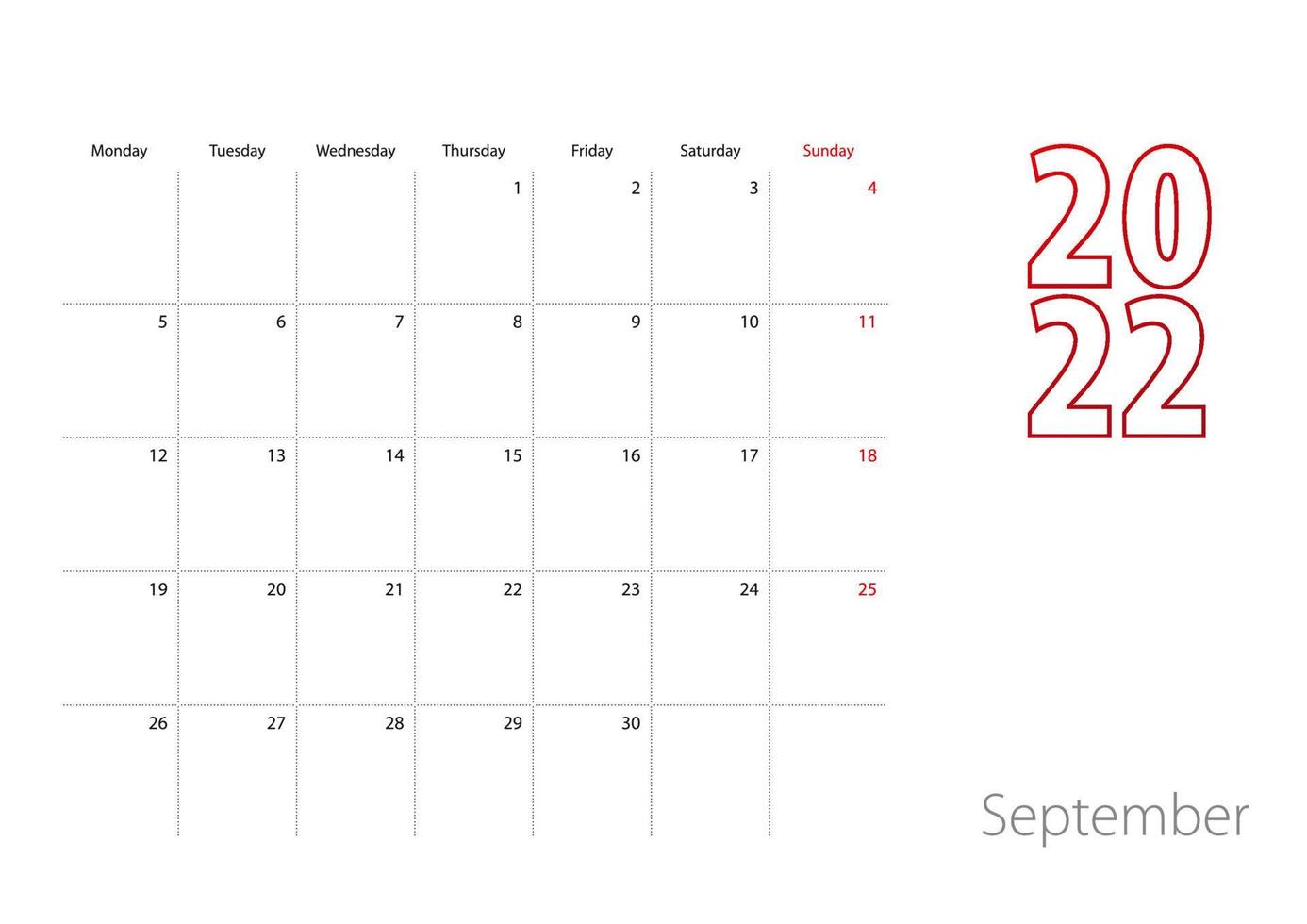 Calendar for September 2022 in modern design, planner template. vector