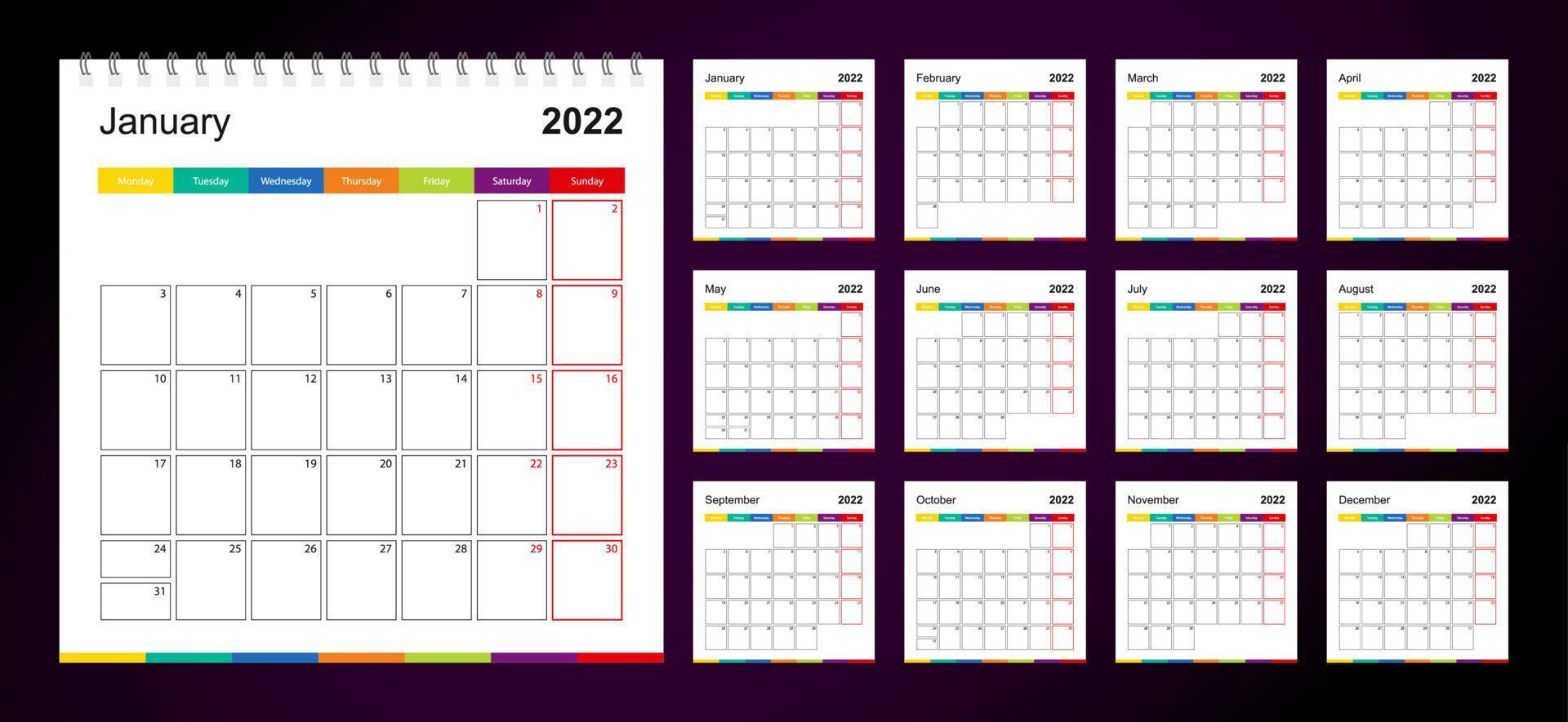 calendario de pared colorido para 2022 sobre fondo oscuro, la semana comienza el lunes. vector