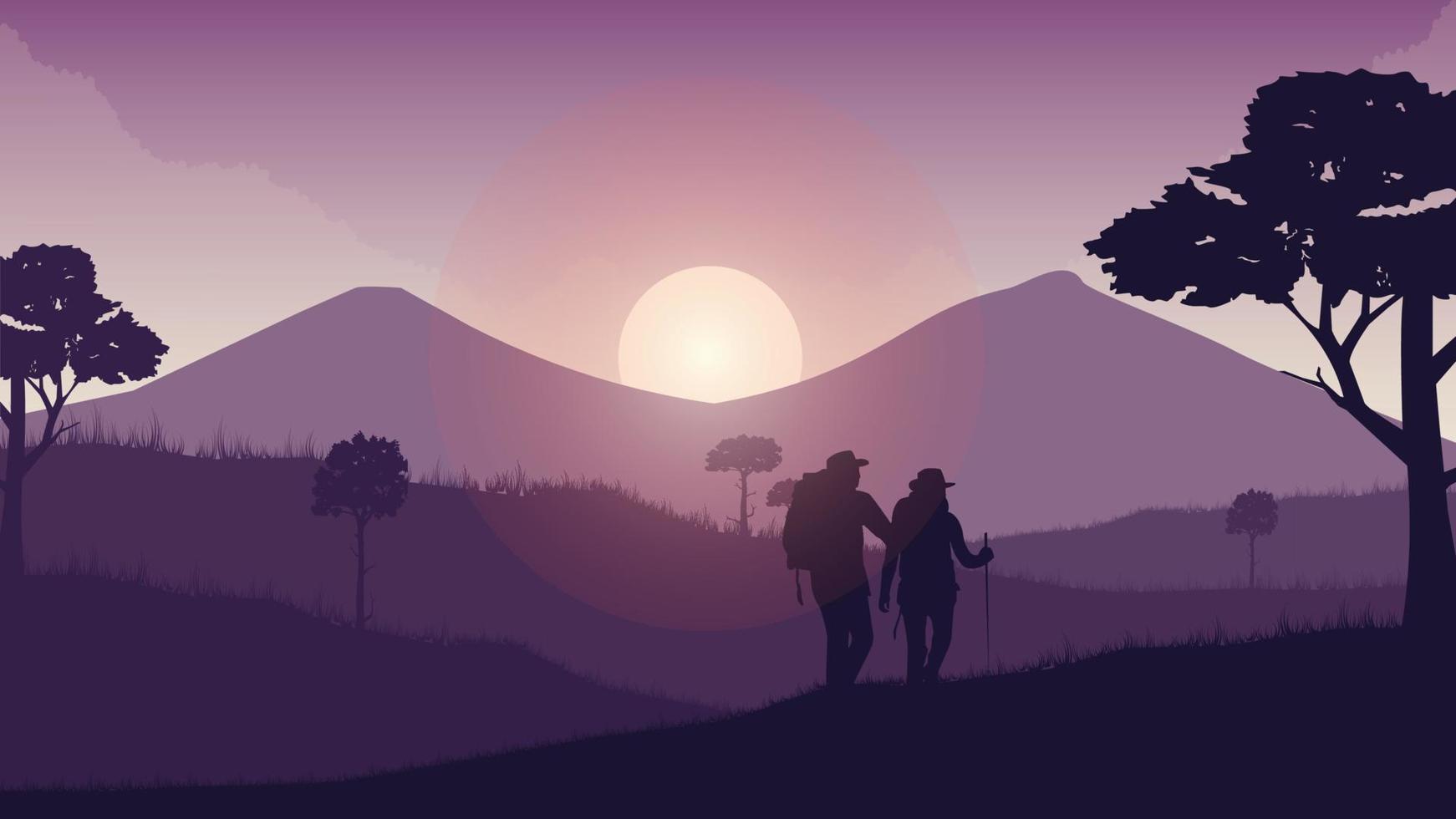 Romantic couple silhouette landscape vector background illustration