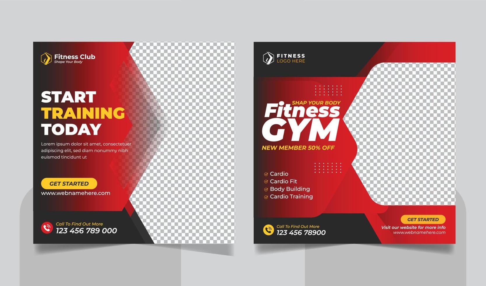 Gym fitness social media post square banner template or start training today fitness banner vector