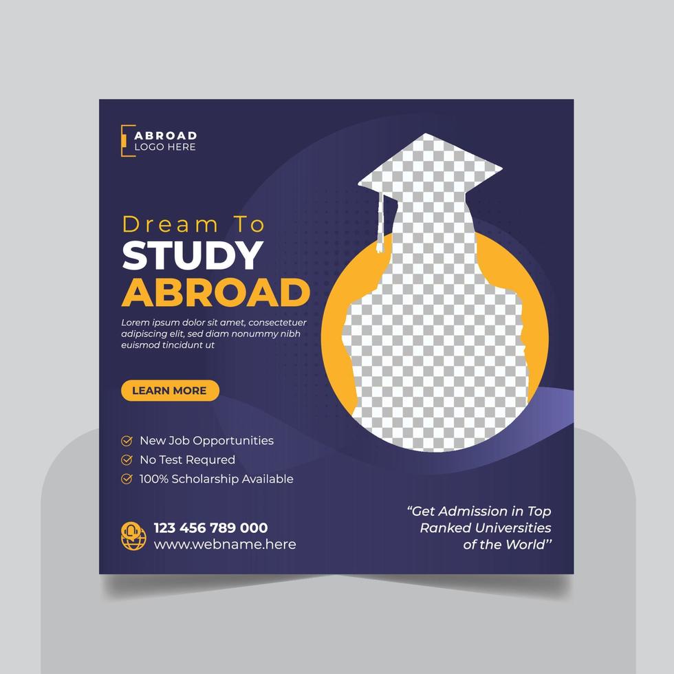 Study abroad social media post or higher education social media web banner square flyer template set vector