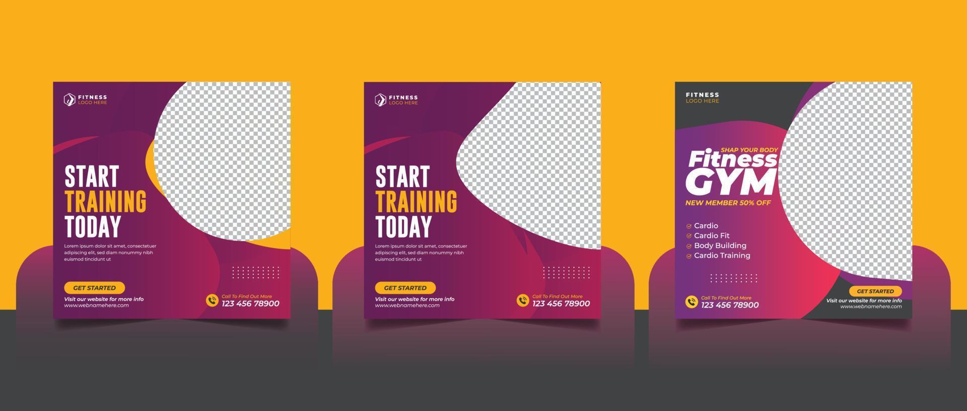 Gym fitness social media post square banner template or start training today fitness banner vector