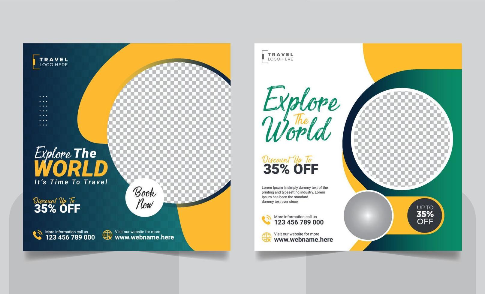 Travel tour traveling social media post banner or holiday vacation summer beach social media square flyer Tourism business marketing web banner template vector
