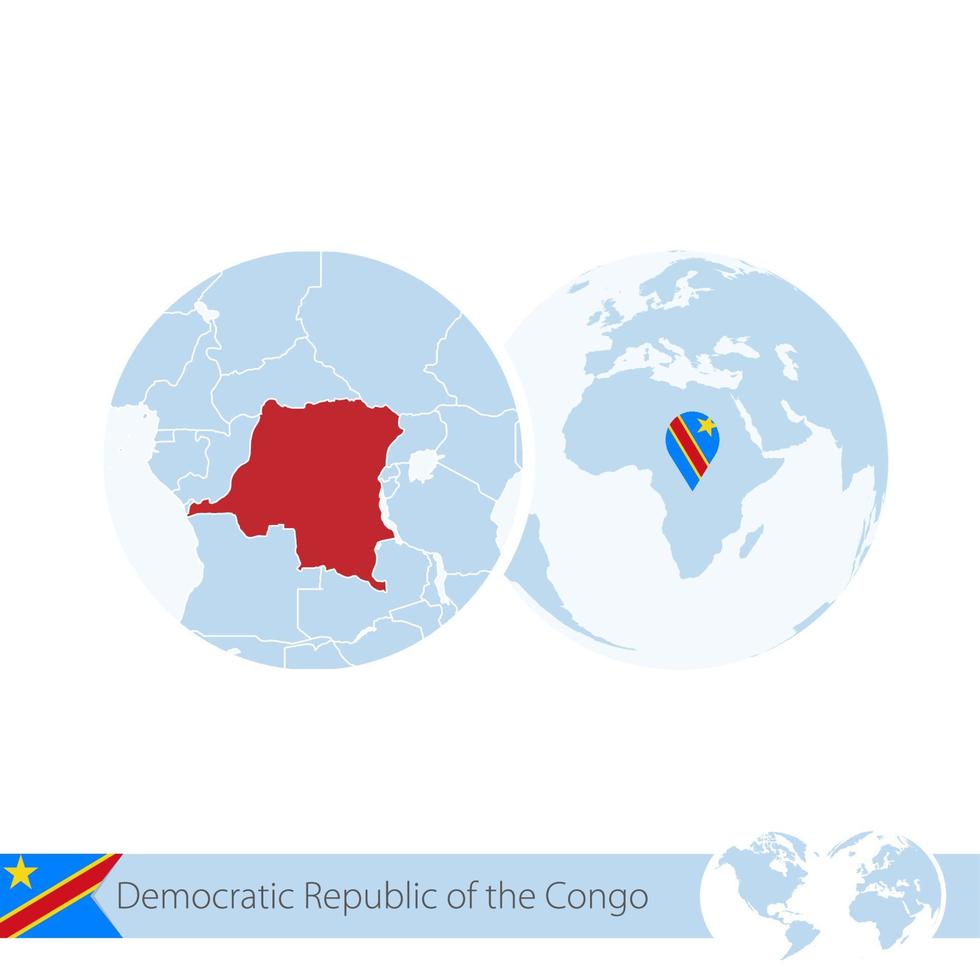 república democrática del congo en globo terráqueo con bandera y mapa regional de dr congo. vector
