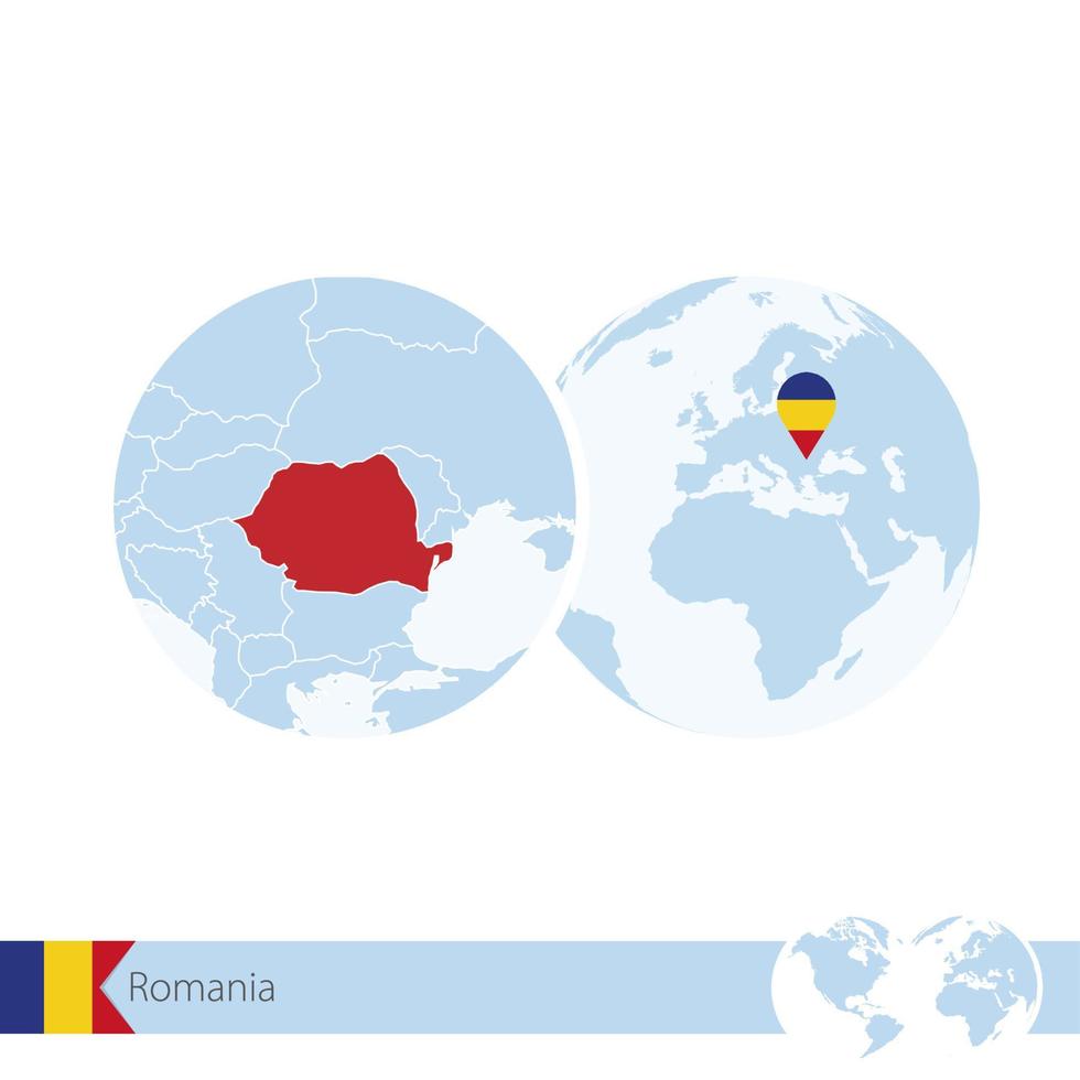 rumania en el globo terráqueo con bandera y mapa regional de rumania. vector