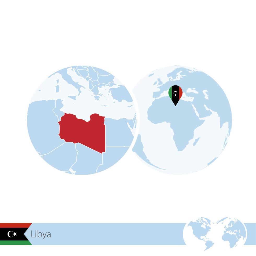 Libya on world globe with flag and regional map of Libya. vector