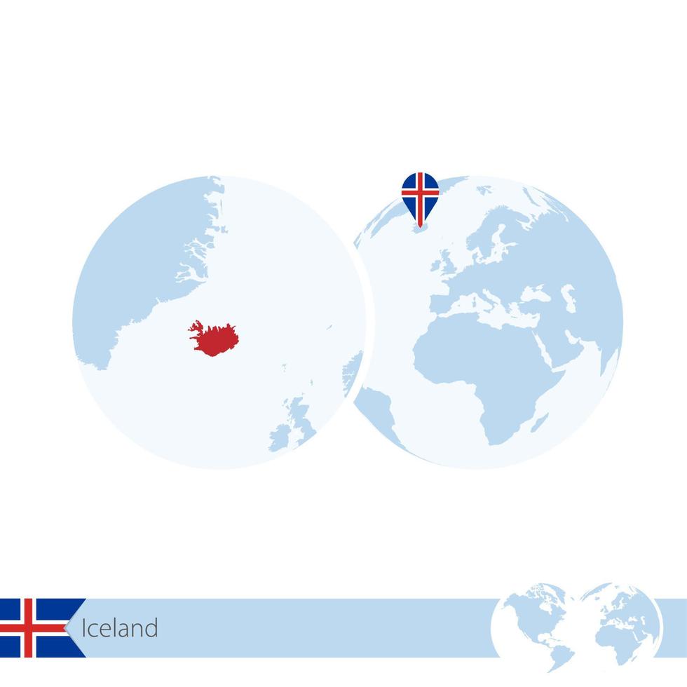 Iceland on world globe with flag and regional map of Iceland. vector