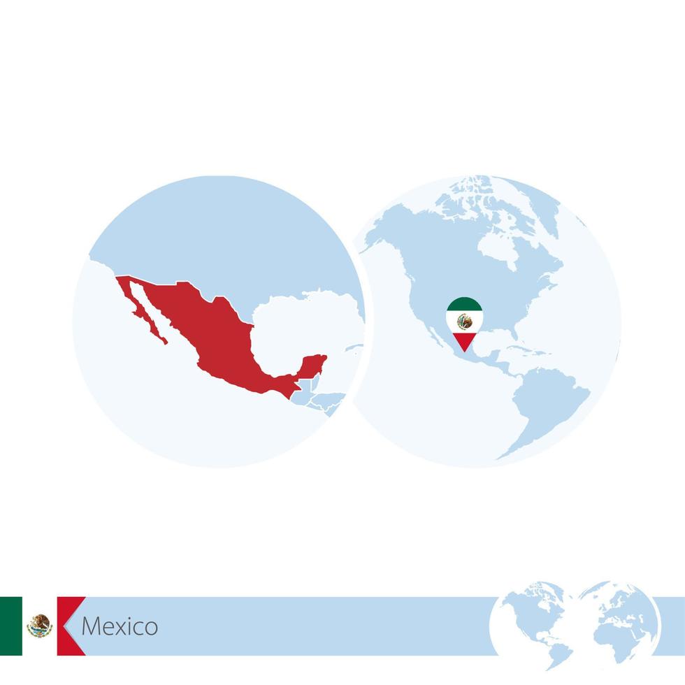 Mexico on world globe with flag and regional map of Mexico. vector