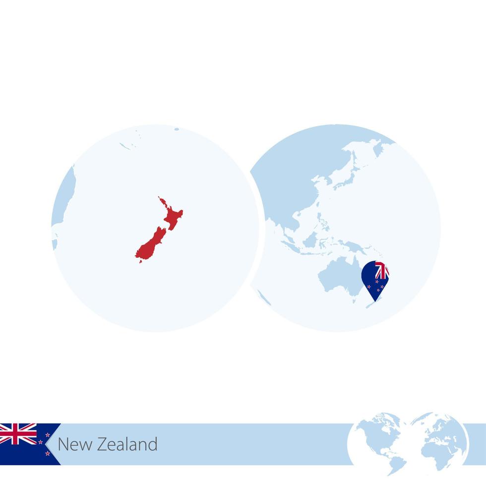 New Zealand on world globe with flag and regional map of New Zealand. vector