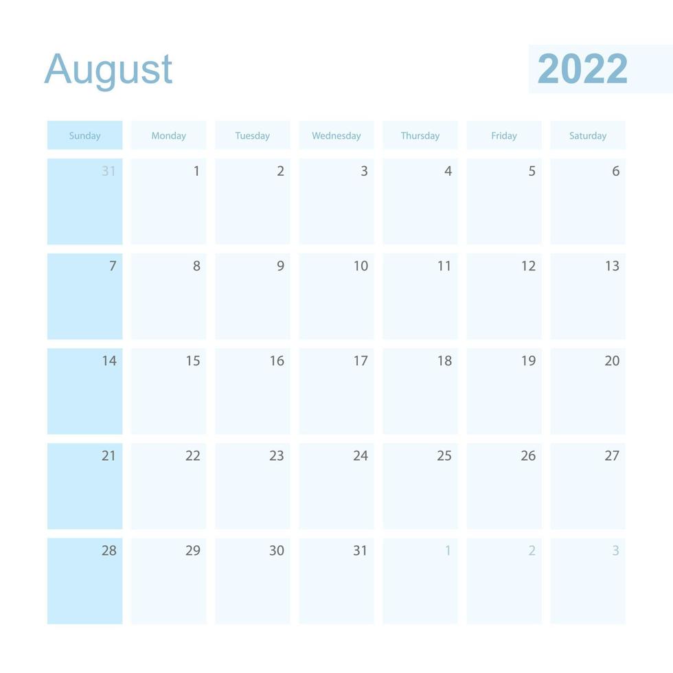 2022 August wall planner in blue color, week starts on Sunday. vector
