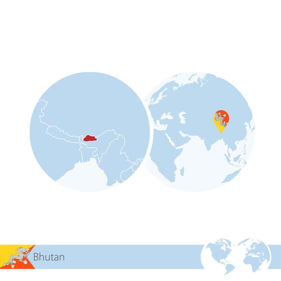 Bhutan on world globe with flag and regional map of Bhutan. vector