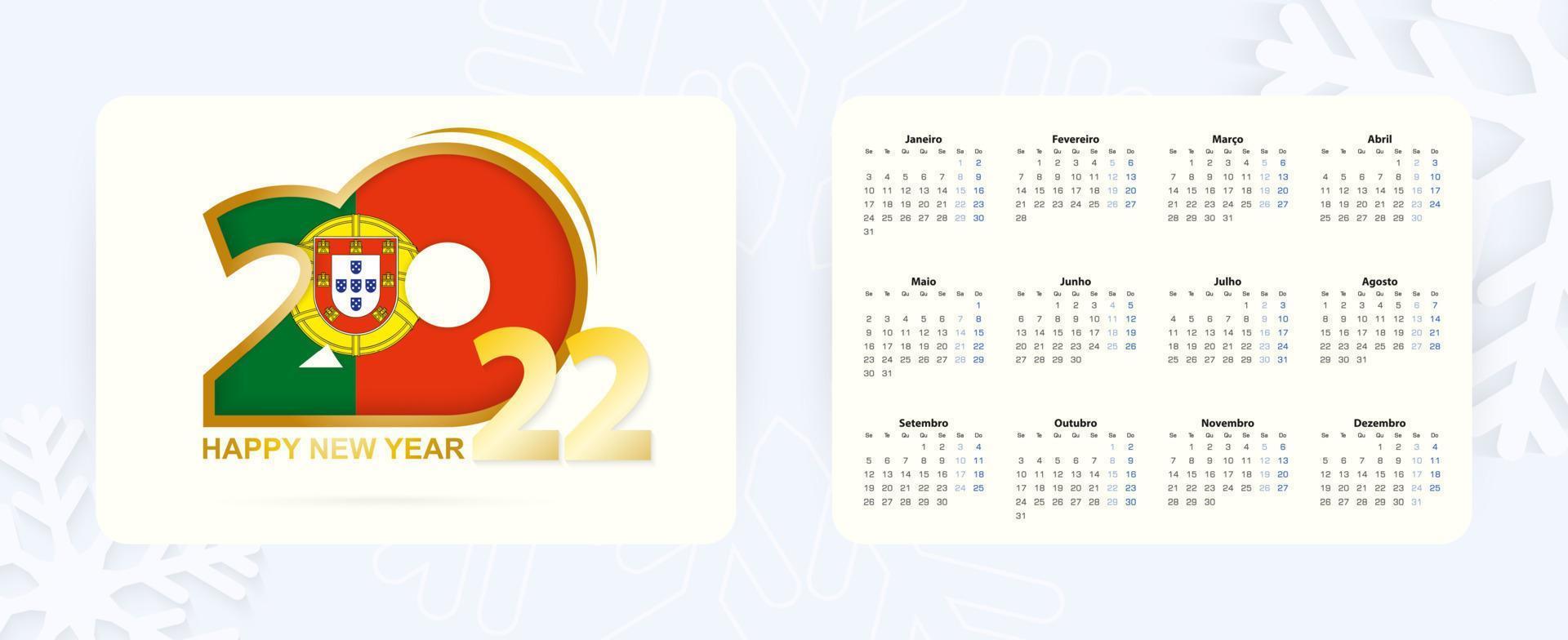 Horizontal Pocket Calendar 2022 in Portuguese language. New Year 2022 icon with flag of Portugal. vector