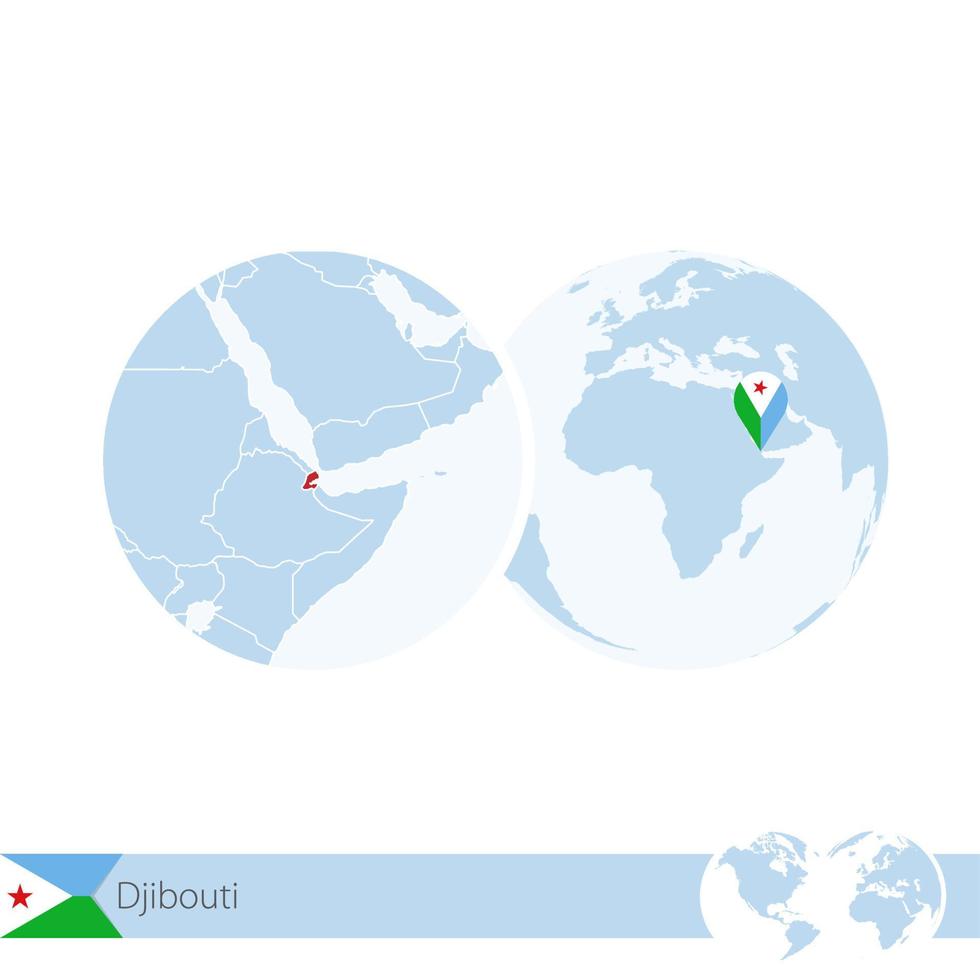 Djibouti on world globe with flag and regional map of Djibouti. vector