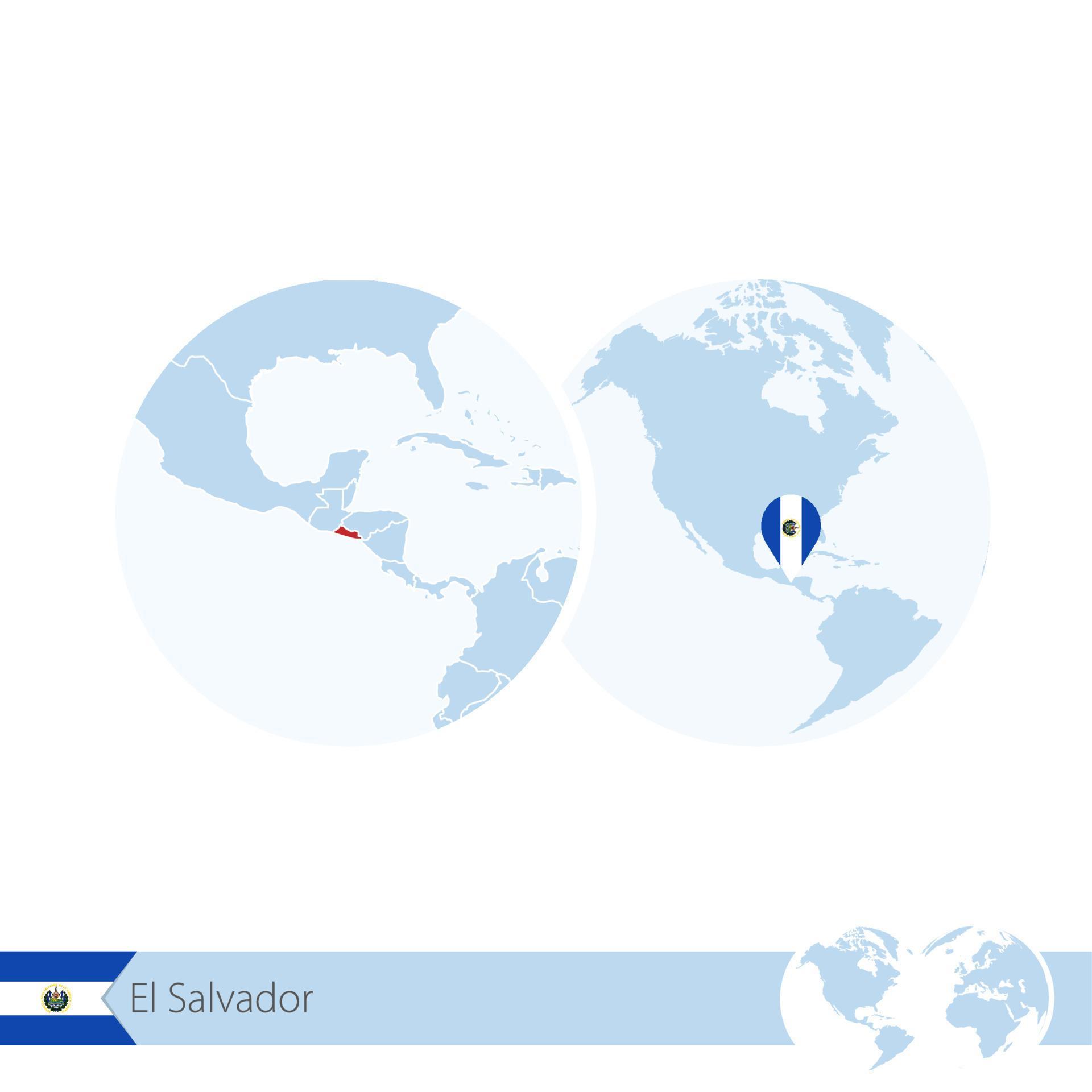El Salvador on world globe with flag and regional map of El Salvador