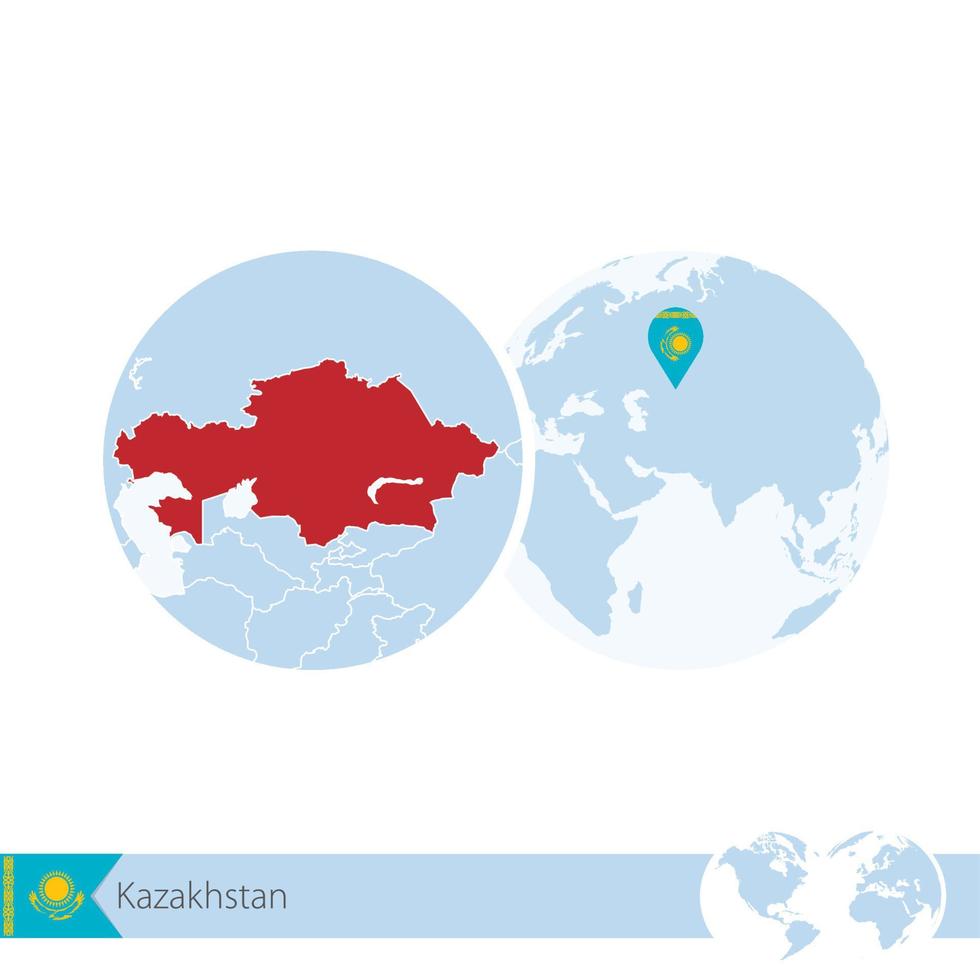 Kazakhstan on world globe with flag and regional map of Kazakhstan. vector
