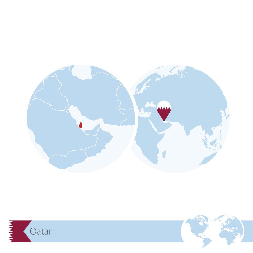 Qatar on world globe with flag and regional map of Qatar. vector