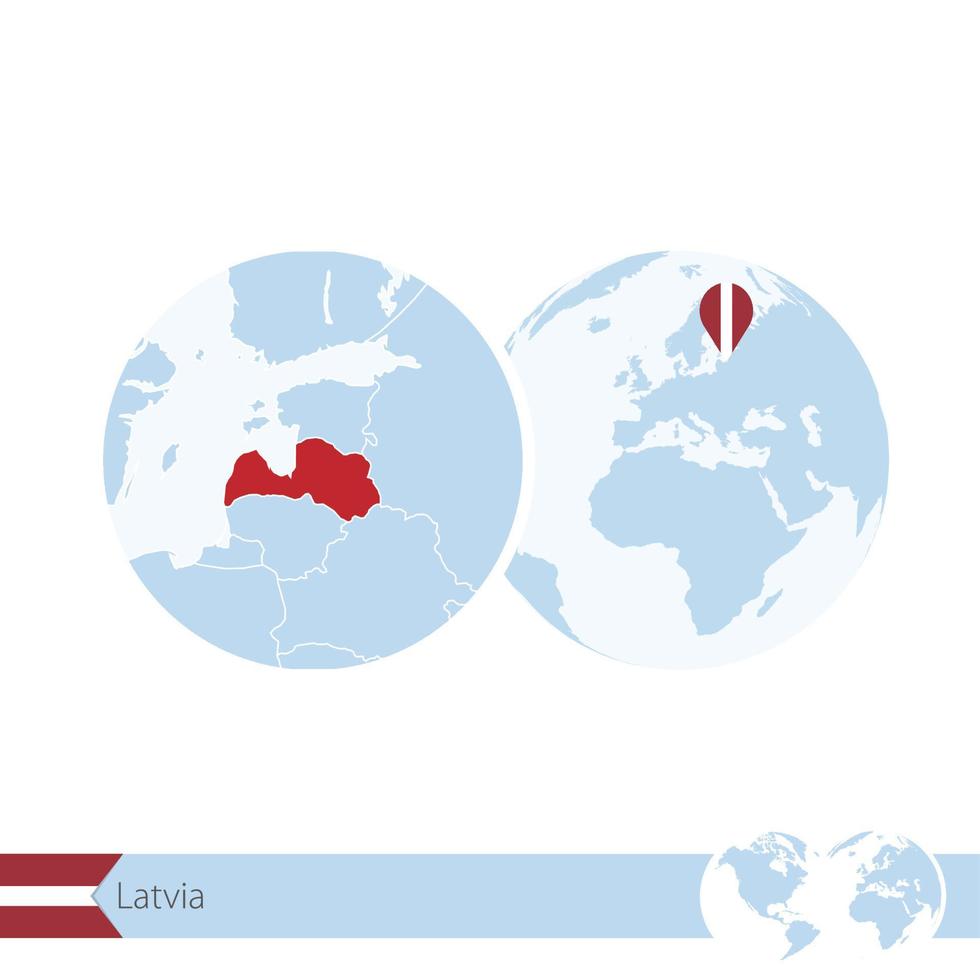 Latvia on world globe with flag and regional map of Latvia. vector