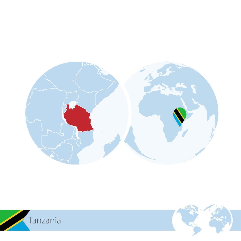 tanzania en el globo terráqueo con bandera y mapa regional de tanzania. vector