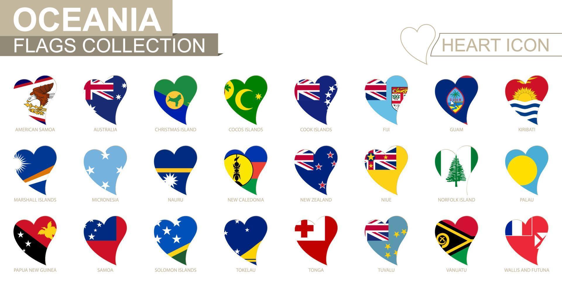 Vector flag collection of Oceanian countries. Heart icon set.