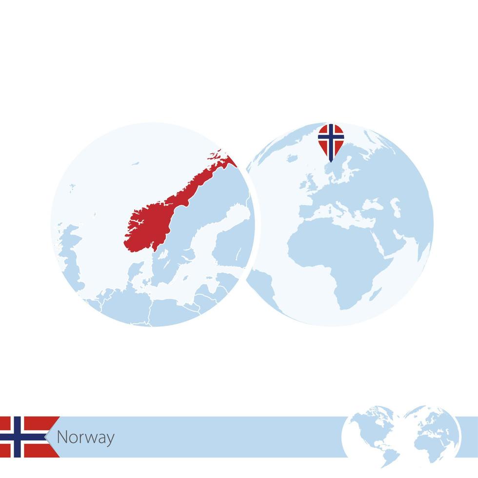 Norway on world globe with flag and regional map of Norway. vector